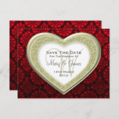 Carte Postale Faire-part Sauver la date Paillettes Cœur Or Mod Dentelle Rou (Devant / Derrière)