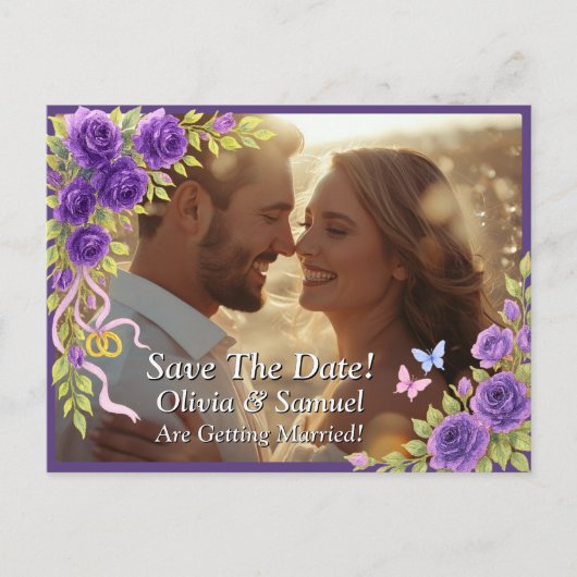 Carte Postale Faire-part Sauver la date, Photo - Fleurs Mauve Violet & Blan (Devant)