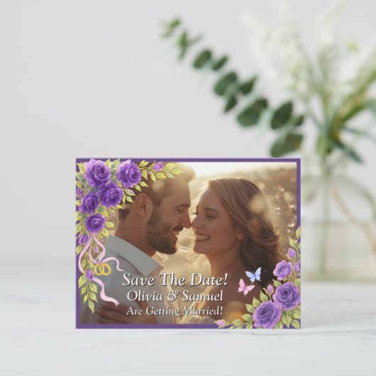 Carte Postale Faire-part Sauver la date, Photo - Fleurs Mauve Violet & Blan (Debout devant)