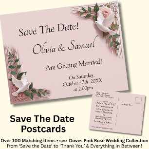 Carte Postale Faire-part Sauver la date - Roses roses et colombes Mariage