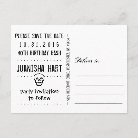 Carte Postale Faire-part Sauvez la date 40e anniversaire Bash Halloween (Dos)