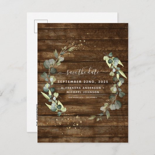 Carte Postale Faire-part Sauvez la date Eucalyptus Verdure Pays rustique (Devant / Derrière)