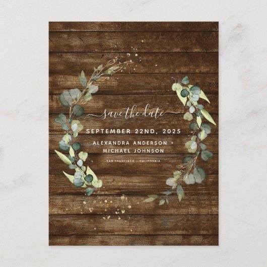 Carte Postale Faire-part Sauvez la date Eucalyptus Verdure Pays rustique (Devant)