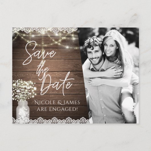 Carte Postale Faire-part Sauvez la date Rustic Mason Jar Photo de la respir (Devant)