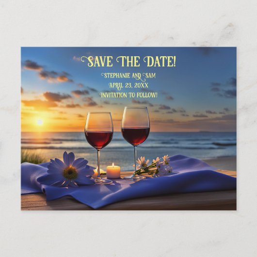 Carte Postale Faire-part Sauvez la date Vin et plage romantique (Devant)