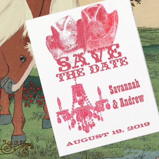 Carte Postale Faire-part Sauvez la Date Western Chapeau de Cowboy Rose Chan