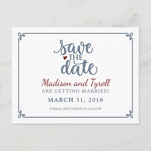 Carte Postale Faire-part "Save the Date" - Dusty Blue & Dark Red (Devant)