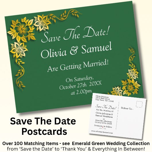 Carte Postale Faire-part Save The Date - Emerald Green & Gold