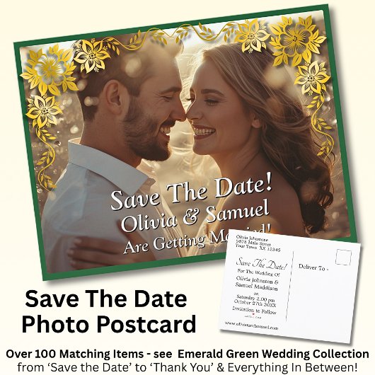 Carte Postale Faire-part Save The Date, Photo -Emerald Green & Gold