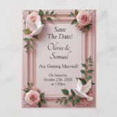 Carte Postale Faire-part Save The Date - Pink Roses & Doves Wedding (Devant)