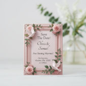 Carte Postale Faire-part Save The Date - Pink Roses & Doves Wedding (Debout devant)