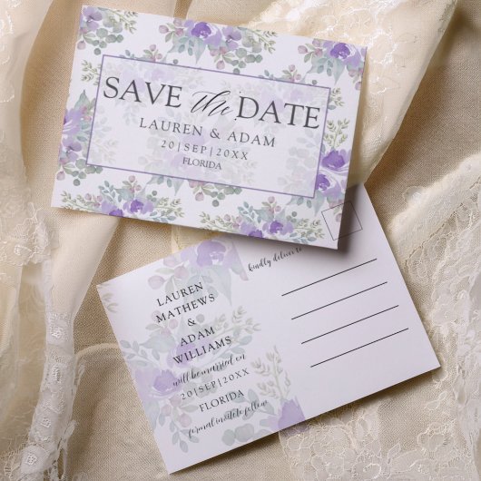 Carte Postale Faire-part Save the Date Purple Floral Wedding