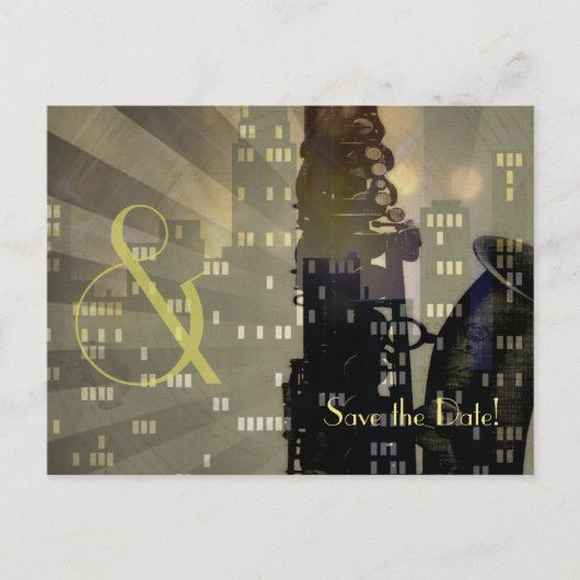 Carte Postale Faire-part Saxophone de l'ère du jazz Ciel de la ville Mariag (Devant)