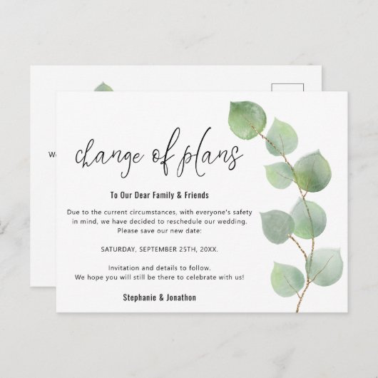 Carte Postale Faire-part Scénario de changement de date de mariage Eucalypt (Devant / Derrière)