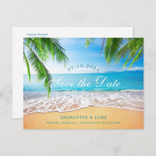 Carte Postale Faire-part Scène de plage, enregistrez la date (Devant / Derrière)