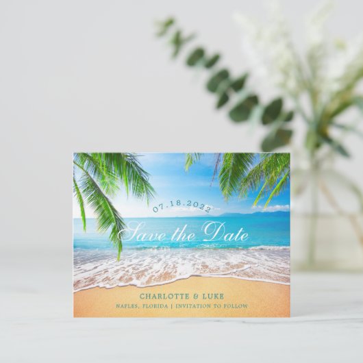 Carte Postale Faire-part Scène de plage, enregistrez la date (Debout devant)