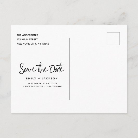 Carte Postale Faire-part Script à main moderne simple Enregistrer la date (Dos)