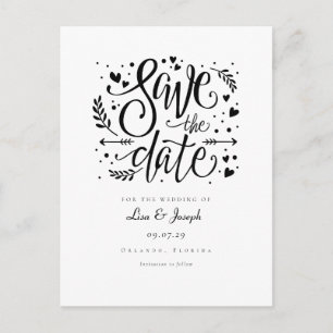 Carte Postale Faire-part Script Black and White Hearts Enregistrer la date