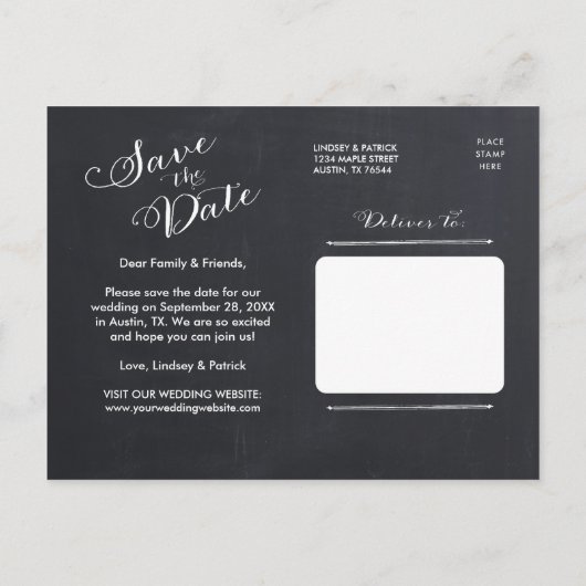 Carte Postale Faire-part Script Chalkboard Typographie moderne Enregistrer  (Dos)