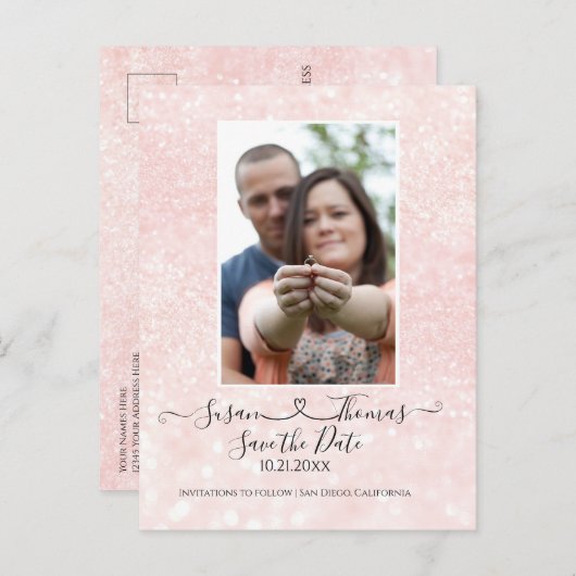 Carte Postale Faire-part Script Coeur Connecté Blush Pailleté Save the Date (Devant / Derrière)