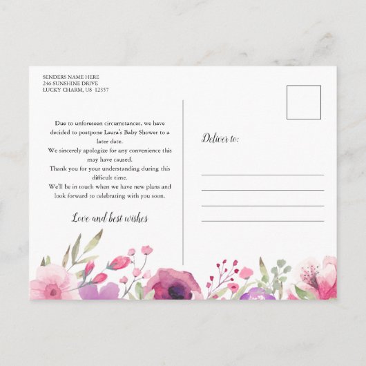 Carte Postale Faire-part Script de Baby Shower Fleurs Aquarelle Reporté (Dos)
