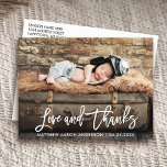 Carte Postale Faire-part Script de brosse moderne Nouveau bébé amour et mer<br><div class="desc">Modern Whale Brush Script New Baby Love and Thanks - Merci Photo Carte Postale</div>
