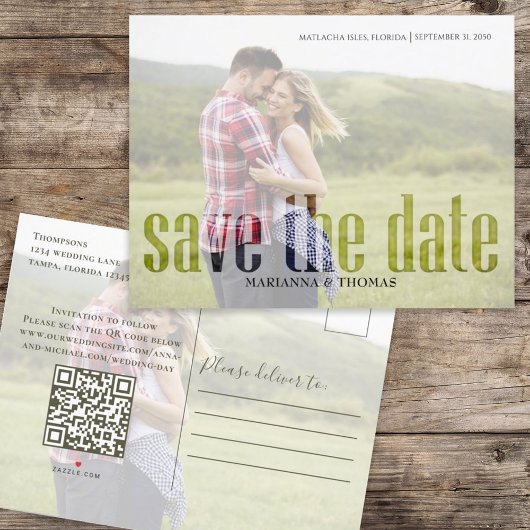 Carte Postale Faire-part Script de calligraphie or Photo Code QR Budget