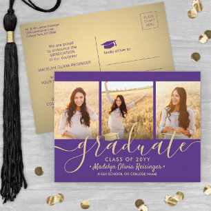 Carte Postale Faire-part Script de collage photo 3 Violet et Or Graduation