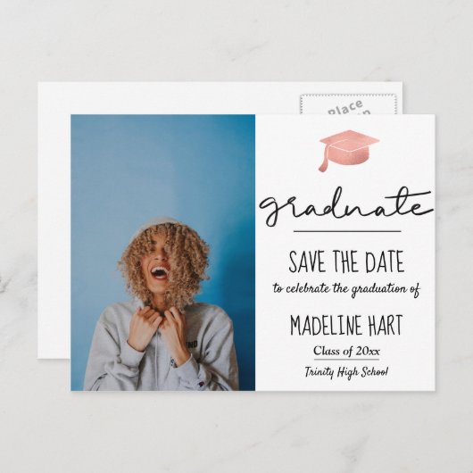 Carte Postale Faire-part Script de diplômé minimal | Photo d'enregistrement (Devant / Derrière)