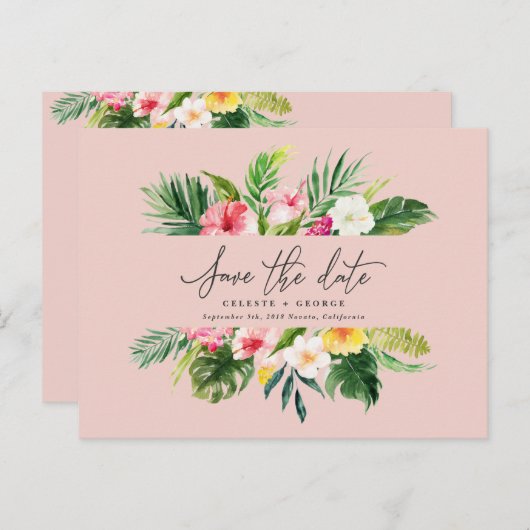 Carte Postale Faire-part Script de feuillage d'aquarelle tropicale enregist (Devant / Derrière)