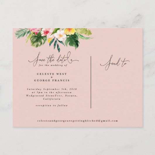 Carte Postale Faire-part Script de feuillage d'aquarelle tropicale enregist (Dos)