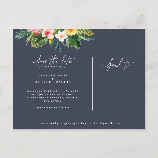 Carte Postale Faire-part Script de feuillage d'aquarelle tropicale enregist (Dos)