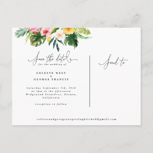 Carte Postale Faire-part Script de feuillage d'aquarelle tropicale enregist (Dos)