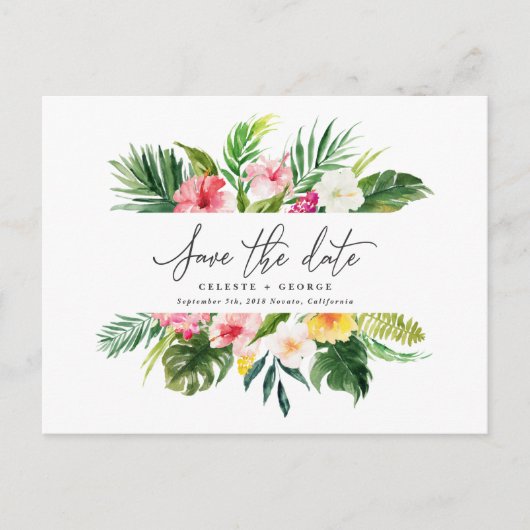Carte Postale Faire-part Script de feuillage d'aquarelle tropicale enregist (Devant)