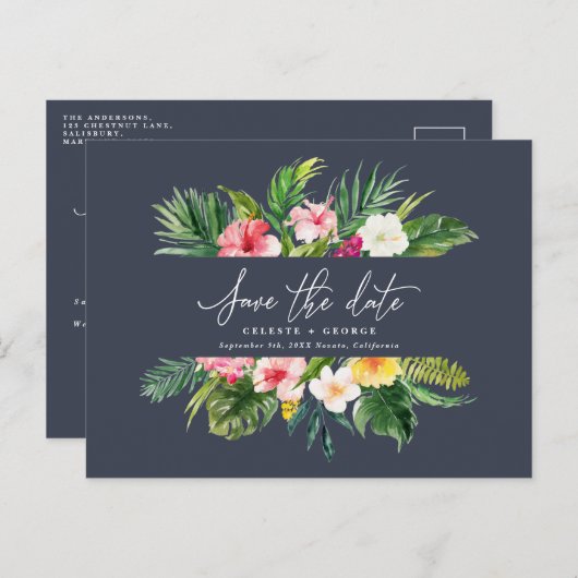 Carte Postale Faire-part Script de feuillage d'aquarelle tropicale enregist (Devant / Derrière)