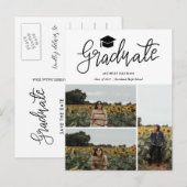 Carte Postale Faire-part Script de fin d'études | Trois photos de diplômés (Devant / Derrière)