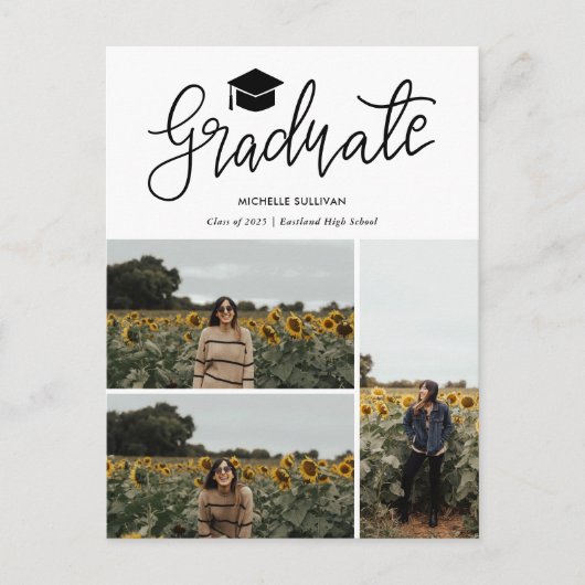 Carte Postale Faire-part Script de fin d'études | Trois photos de diplômés (Devant)
