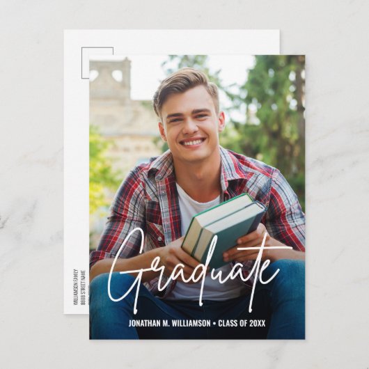 Carte Postale Faire-part Script de manutention moderne Graduate Photo perso (Devant / Derrière)