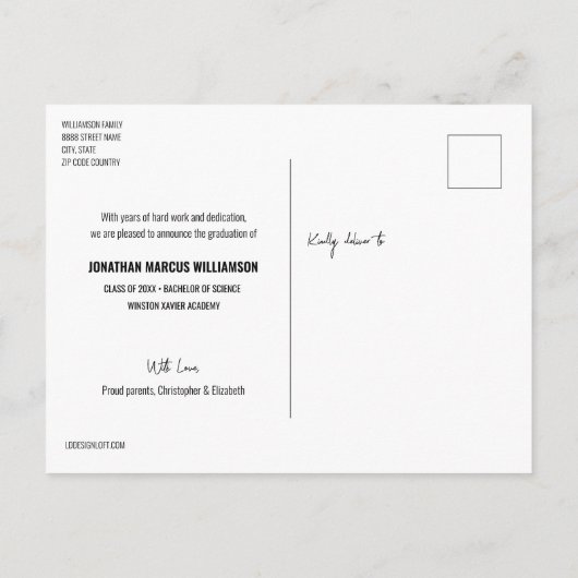 Carte Postale Faire-part Script de manutention moderne Graduate Photo perso (Dos)