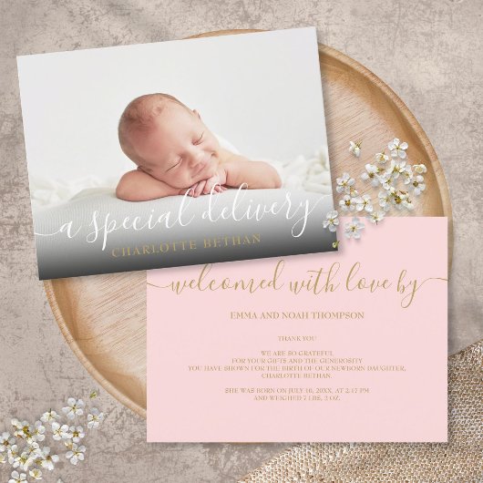 Carte Postale Faire-part Script de photo de bébé simple rose fille Naissanc