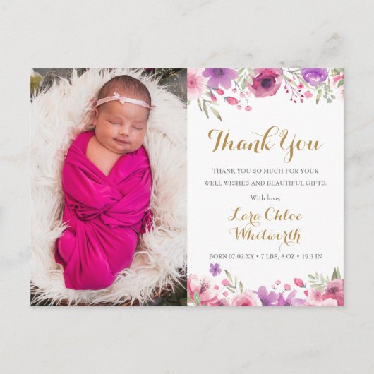 Carte Postale Faire-part Script de remerciement de photo de bébé fille Fleu (Devant)