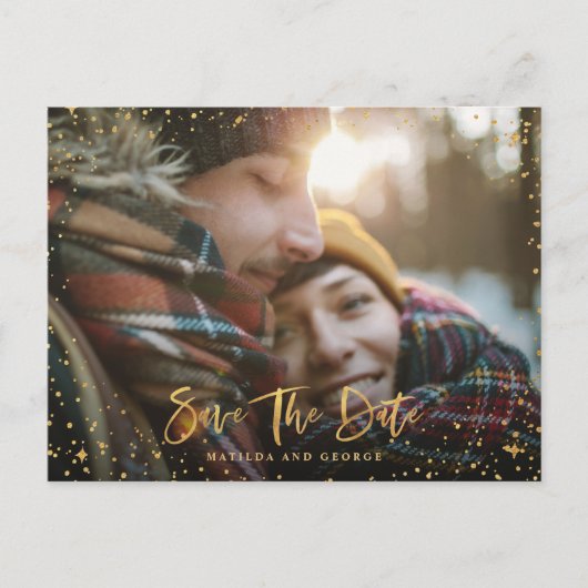 Carte Postale Faire-part Script de stars dorées photo mariage moderne (Devant)