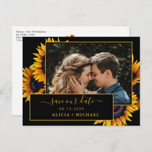 Carte Postale Faire-part Script de tournesol rustique photo mariage date de (Devant / Derrière)