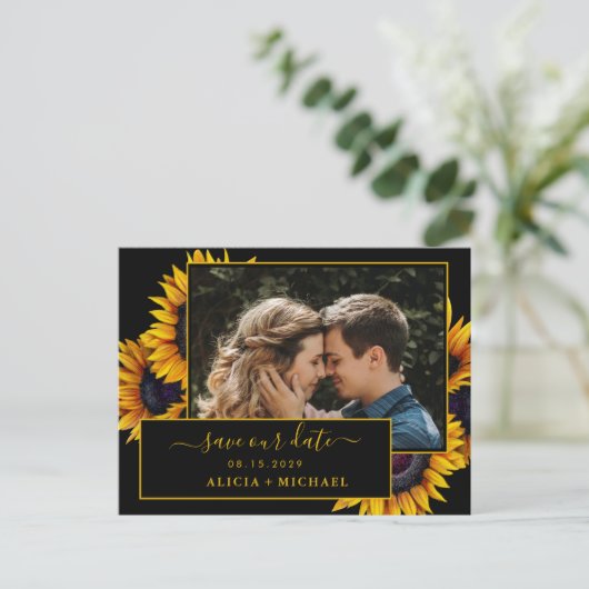 Carte Postale Faire-part Script de tournesol rustique photo mariage date de (Debout devant)