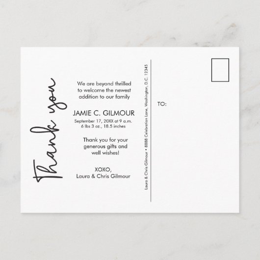 Carte Postale Faire-part Script d'écriture manuscrite pour photo de bébé Na (Dos)