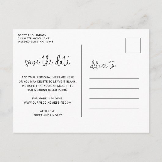 Carte Postale Faire-part Script élégant moderne Mariage simple Enregistrer  (Dos)
