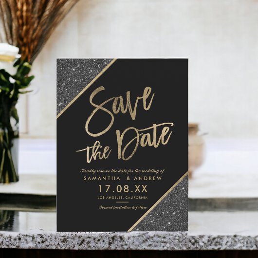 Carte Postale Faire-part Script Gold parties scintillant noir enregistrer l