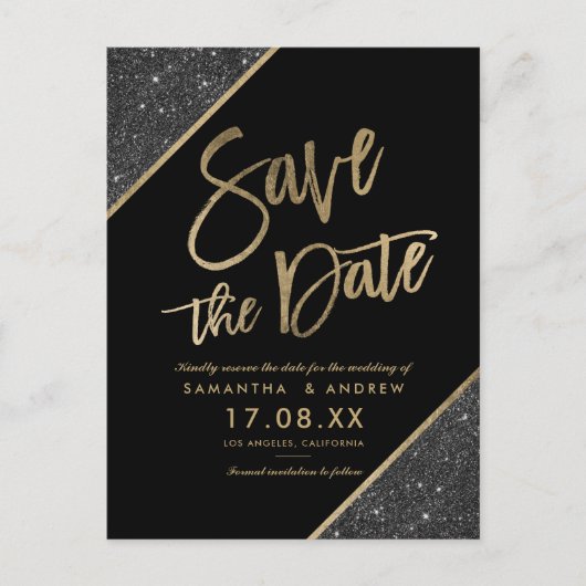 Carte Postale Faire-part Script Gold parties scintillant noir enregistrer l (Devant)