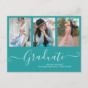 Carte Postale Faire-part Script Graduate 3 Photo Collage Graduation Turquoi