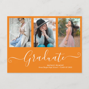 Carte Postale Faire-part Script Graduate 3 Photo Collage Orange Graduation